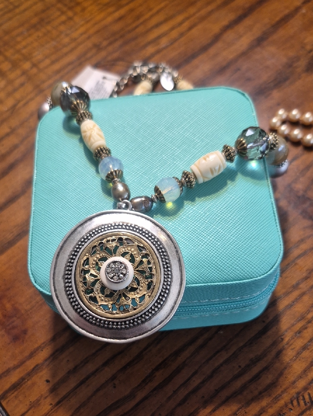 Chico's Two-Tone Filigree Pendant Necklace With Bone Glass & Crystal